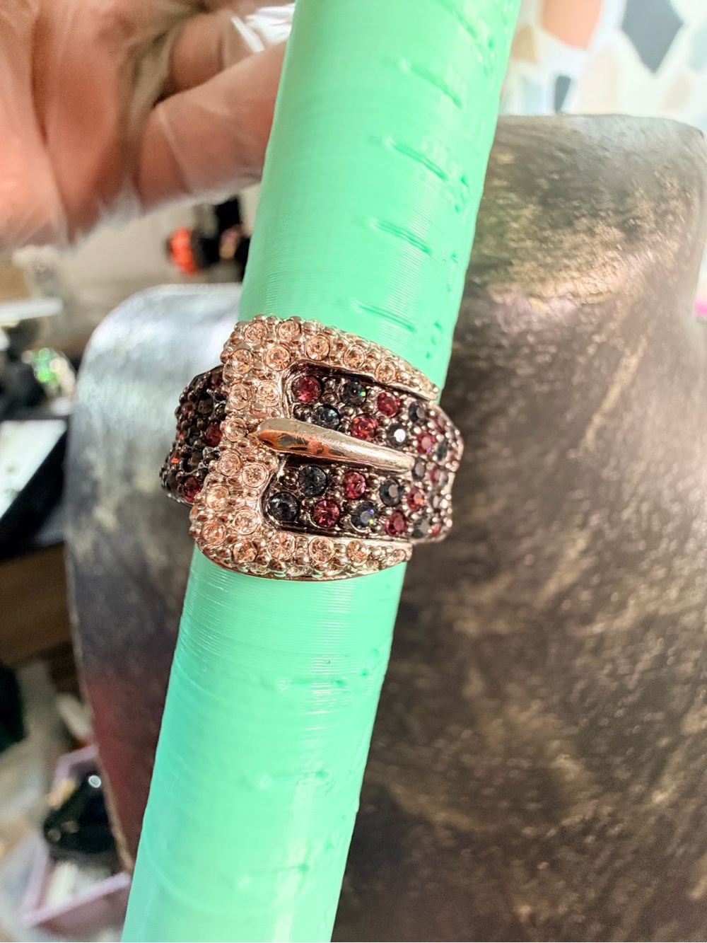 KENNETH JAY LANE RHINESTONE RING, BUCKLE AS IS WEARABLE